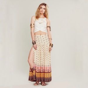 Boho Cream Printed Maxi Skirt with Border Trim